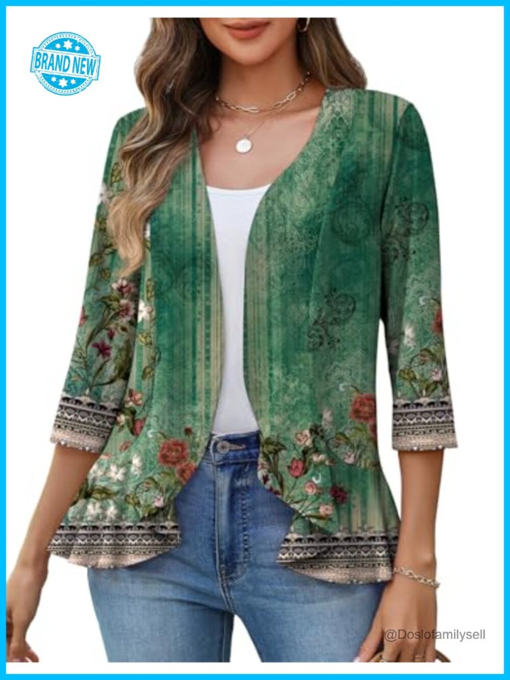 Lightweight 3/4 Sleeve Ruffled Hem Open Front Cardigan Coverup